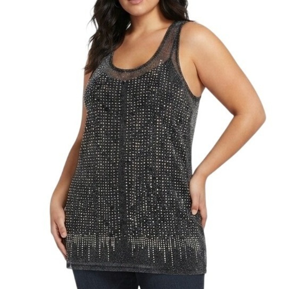 Vocal Made in USA Black Sheer Sparkle Studded Racerback Long Tank Size XL